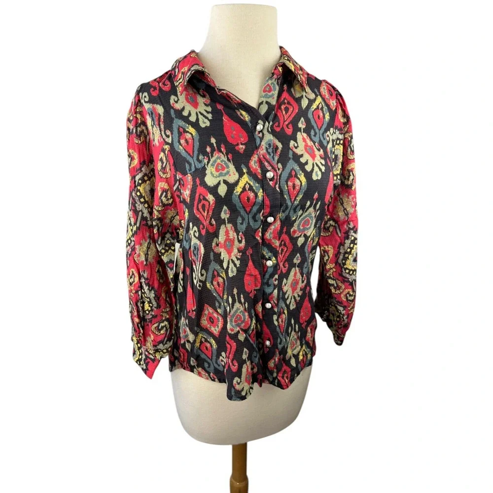 Anthropologie Forever That Girl Ikat Paisley Contrast Print Top Button Blouse XS - Picture 15 of 16